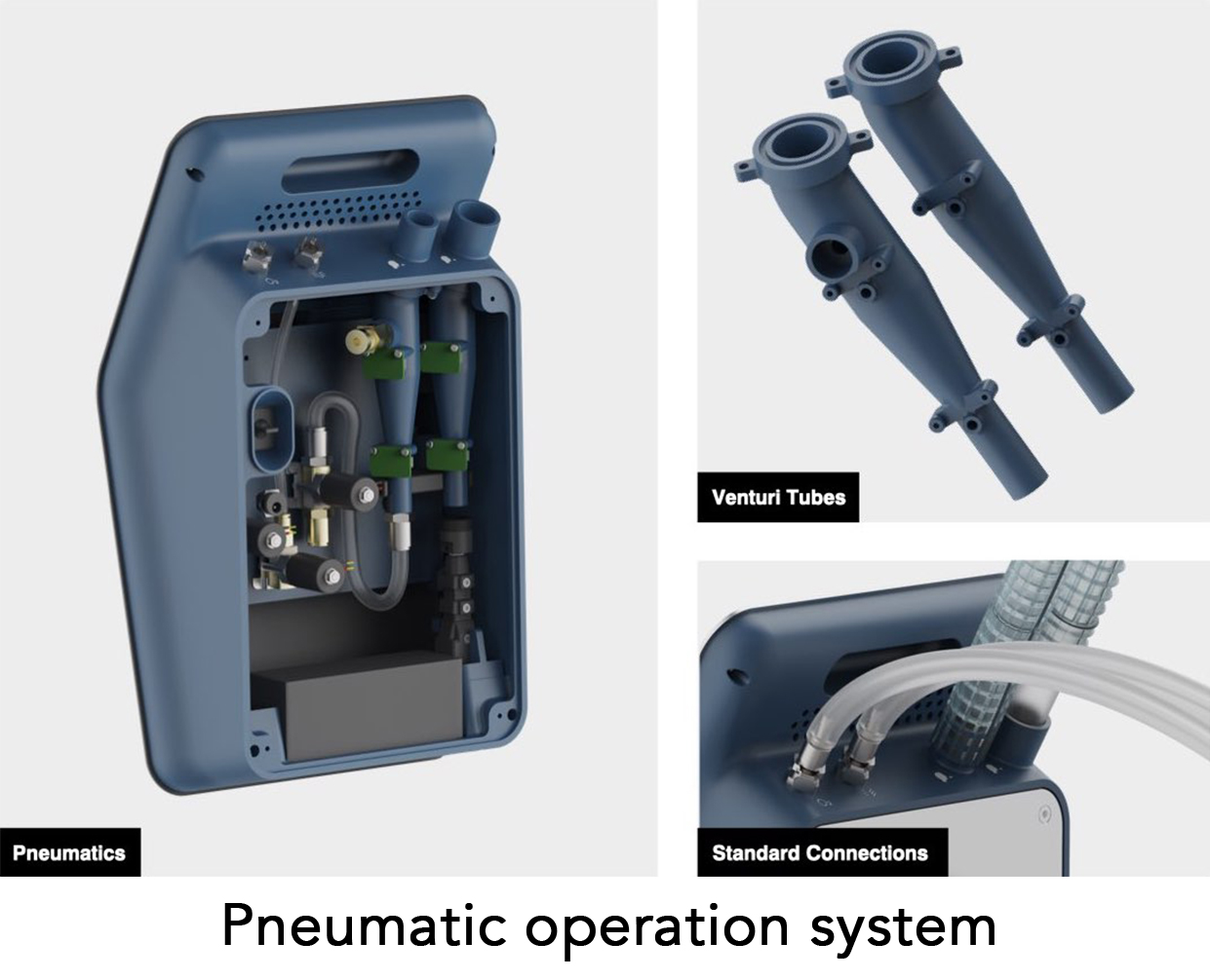 Leverages existing pressurized air system in hospitals instead of mechanical actuation with sensors mounted directly to Venturi tubes and Built-in overpressure relief valve for safety 